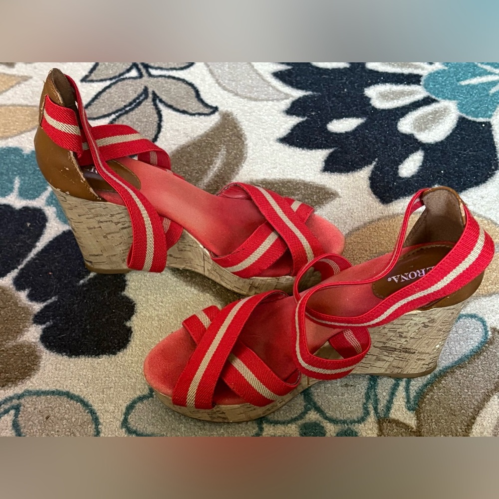 Red Striped Wedge Sandals - Picture 5 of 5